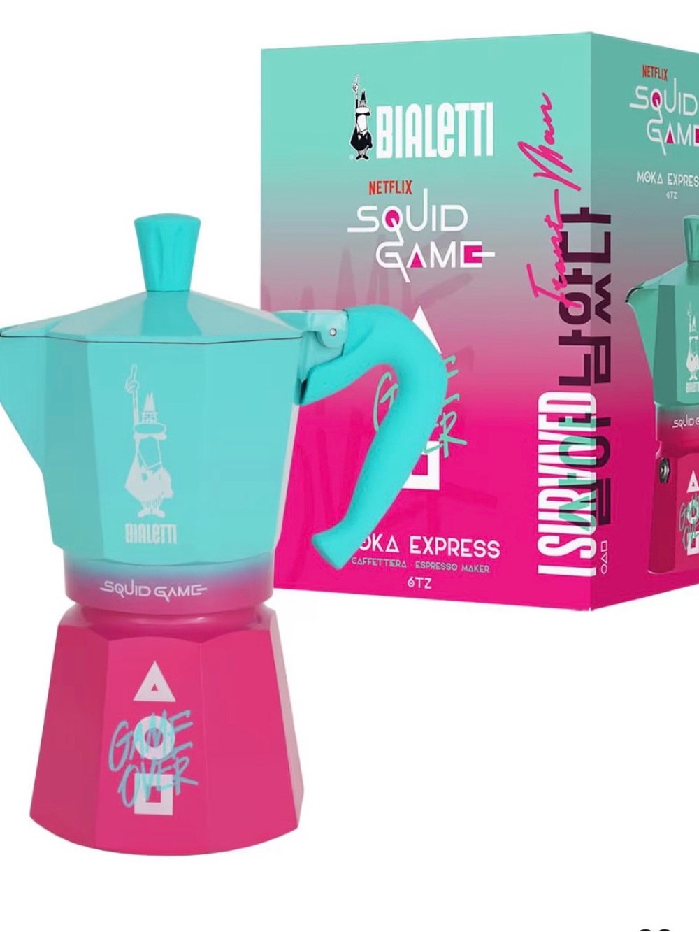 Squid Game Moka Express Espresso Maker - Turquoise & Pink BIALETTI 6TZ